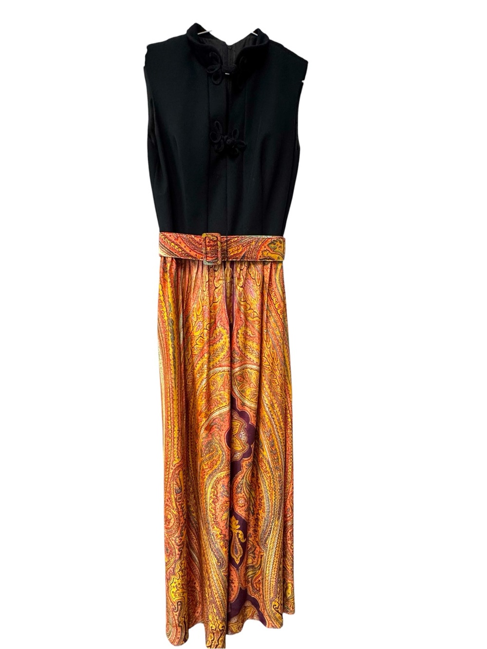 Vintage May Co Paisley Boho 1970s Poly Mix Belted Maxi Sleeveless Dress